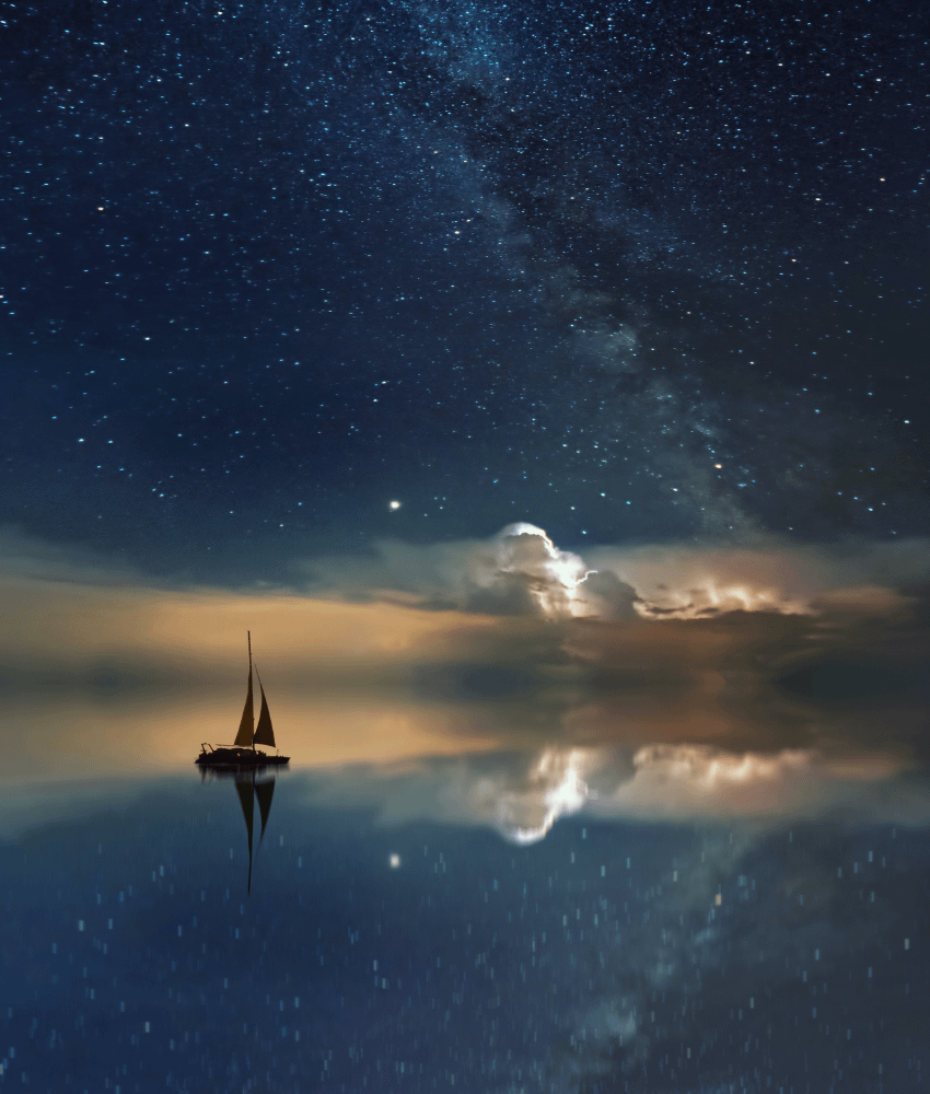 Night sky, sea and yacht, moonlight